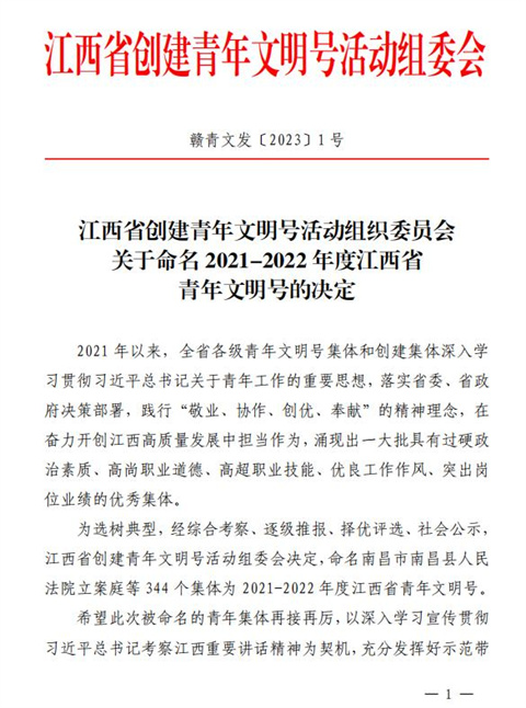 喜报！星空（中国）青年突击队获评江西青年文明号称号!